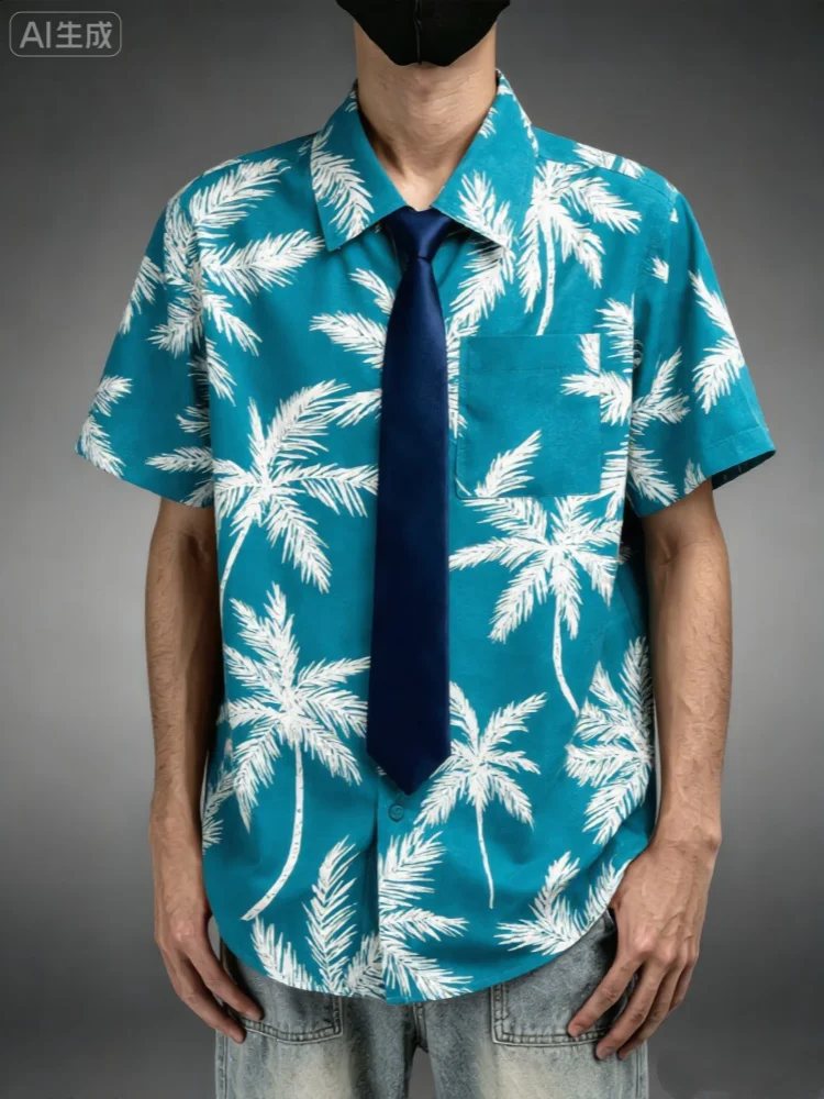 

Mens Hawaiian Shirt With Tie Chest Pocket Green Palm Tree Print Solid Tie Loose Fit Summer Holiday Vacation Shirt