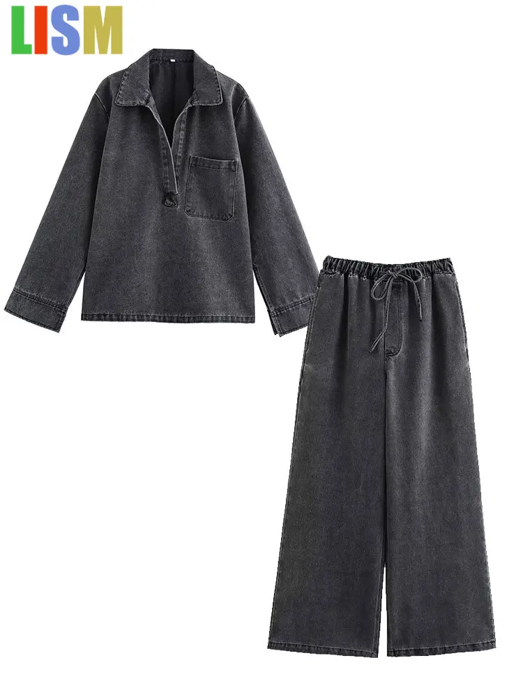 

LISM 2025 Комплекты широких брюк Женский комплект из 2 предметов Модный джинсовый топ Женский костюм Повседневные брюки Комплекты из двух предметов Женский наряд