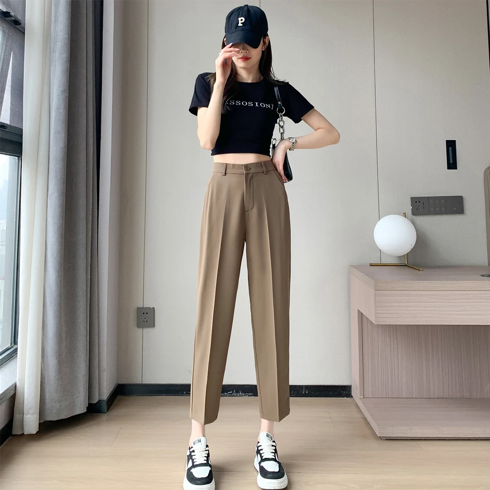 Women Chic Fashion Solid Office Wear Straight Pants Vintage High Waist Casual Female Summer Ankle-Length  Suit Trousers 2024