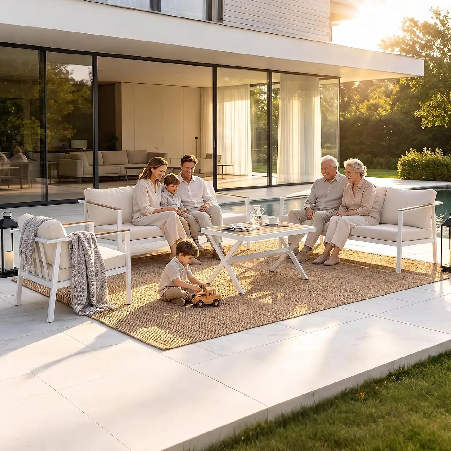 5-Piece Aluminum Patio Sofa Set with Olefin Cushions, Rustproof Frame & Non-Slip Feet for Balcony Backyard Porch, Customized