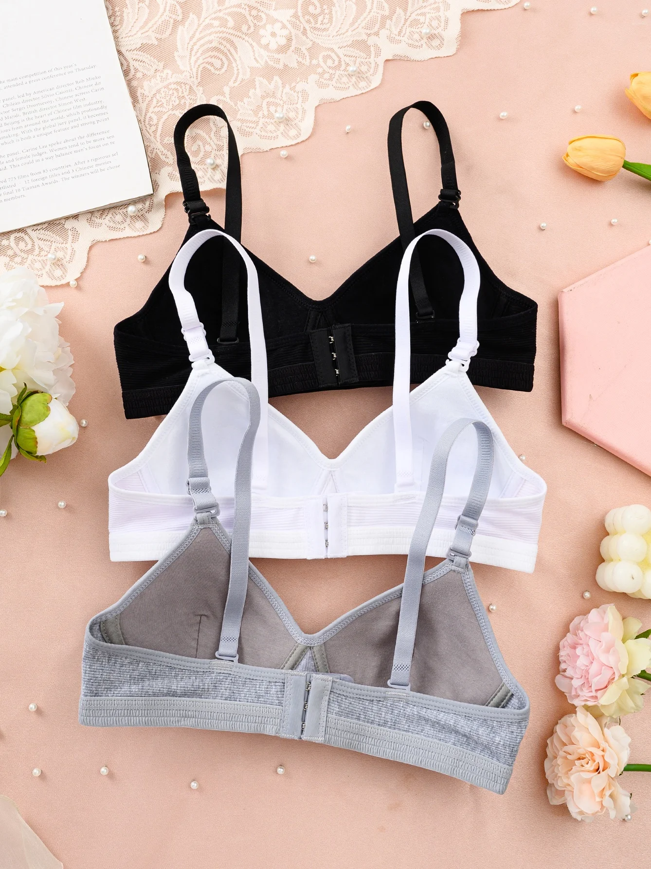 3 pcs teen bra with adjustable straps without underwire, non-removable chest pads, comfortable underwear