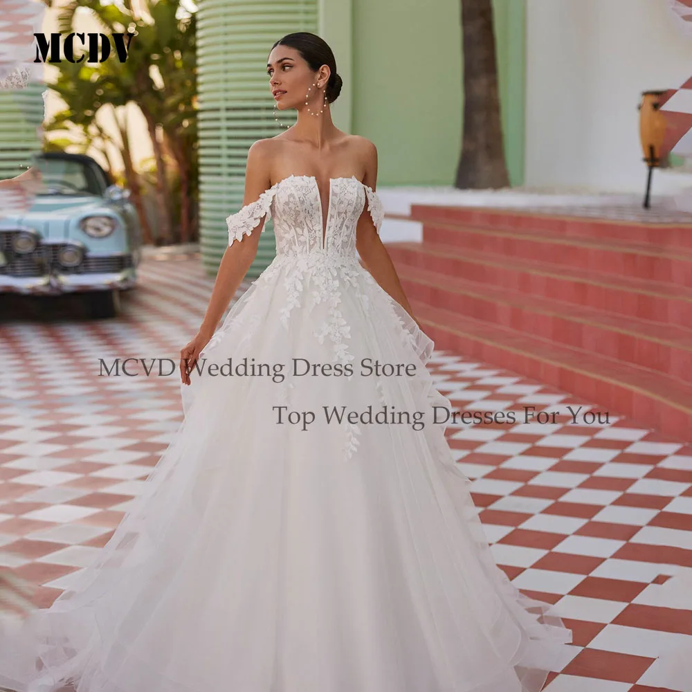 

MCDV V-Neck Applique Wedding Dresses Off Shoulder A-Line Zipper Back Elegant Bridal Gown For Women Vestido De Novia Customized