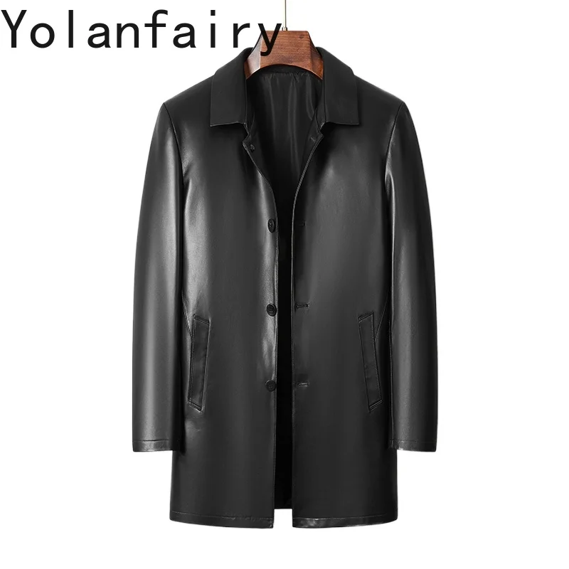 

YOLANFAIRY Real Sheepskin Leather Trench Coat Men Spring Autumn Mid-length Genuine Leather Jackets Man Lapel Jaqueta De Couro