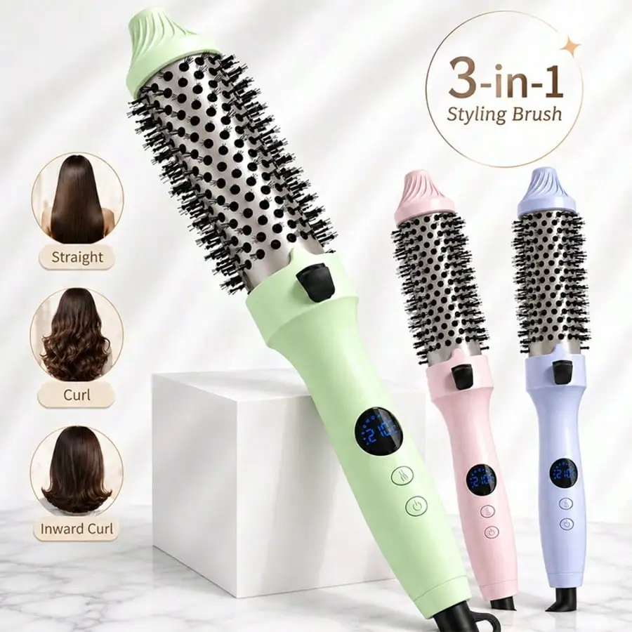 Curling and Straightening Brush with Anti-Scald Design and Digital Display, Heated Hair Styler Brush for Smooth Straight or Curly Looks, Travel Friendly Hair Straightener Brush, Gift for Women