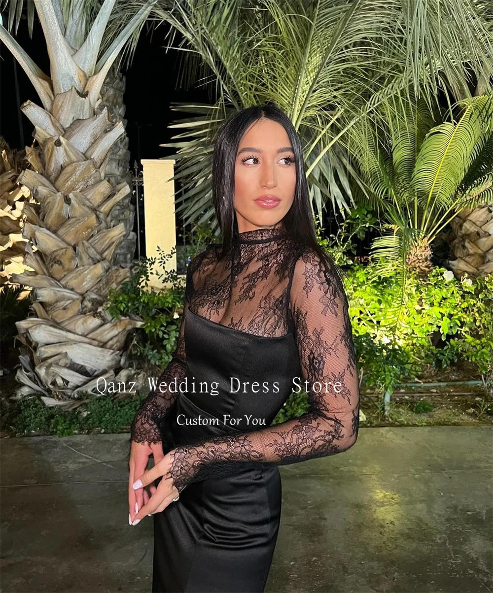 Qanz Black Long Sleeves Evening Dresses O Neck Satin Mermaid Lace Sexy Vestidos De Noche Customized Illusion Party Dress Night