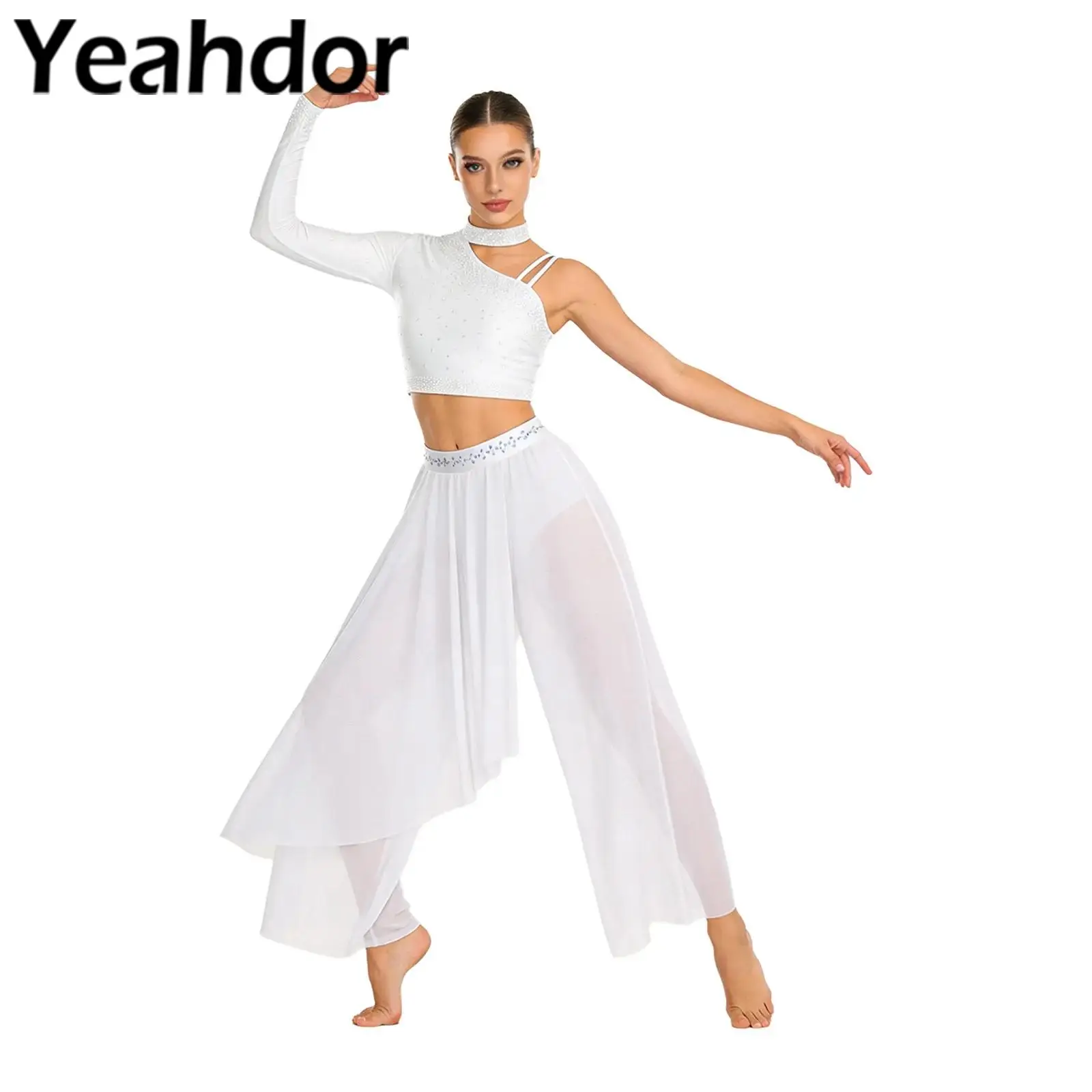 

Womens Lyrical Ballroom Dance Outfit Single Long Sleeve Asymmetrical Shoulder Crop Tops with Pants Figure Ice Skating Dancewear