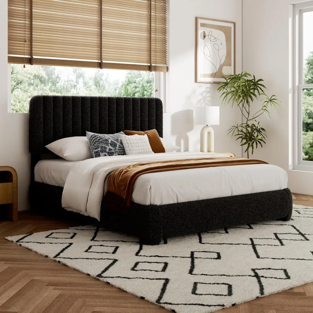 

Queen Size Boucle Bed Frame, Upholstered Cloud Platform Bed Frame with Adjustable Headboard Vertical Tufted Soft Rounded Corners