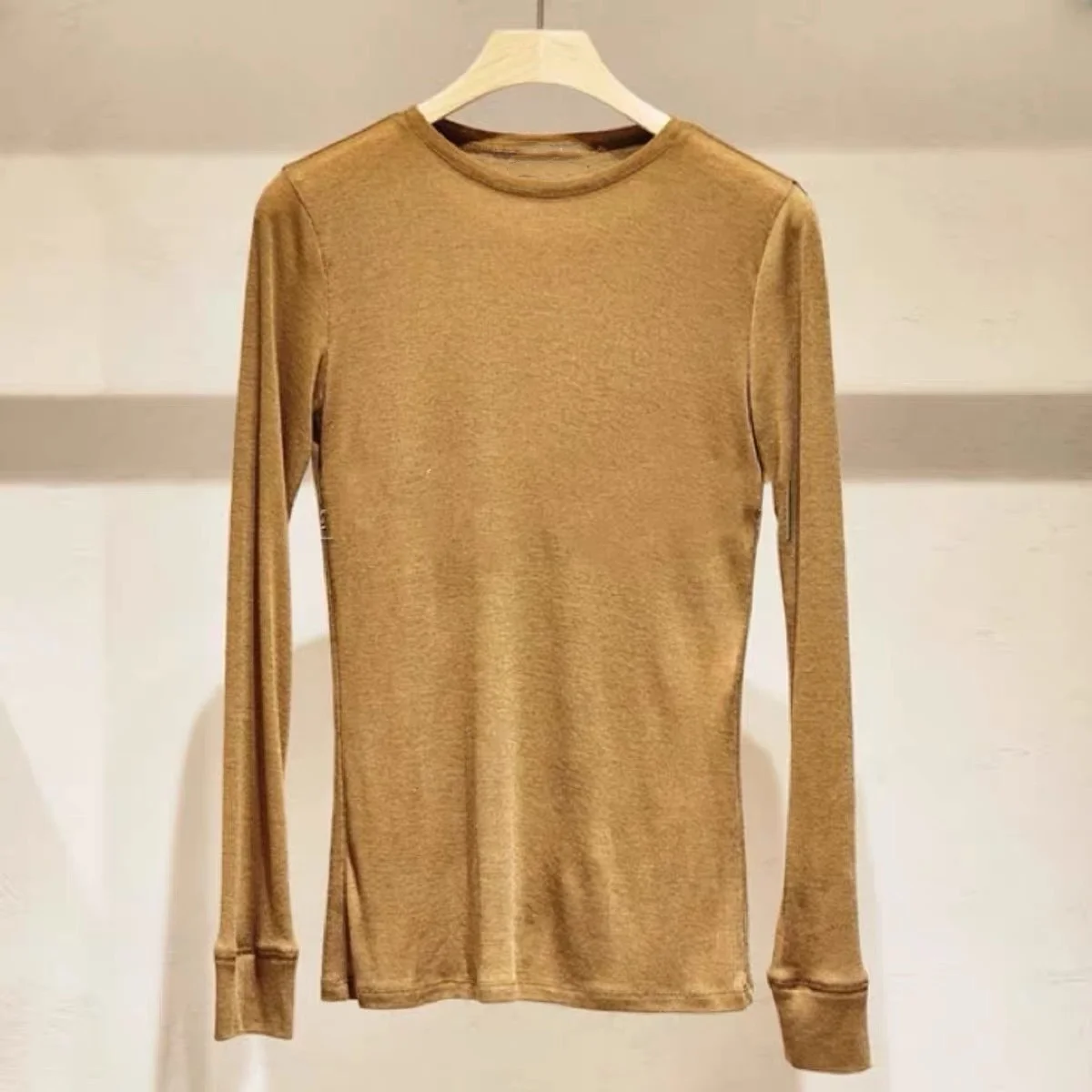 Lemon Cheese Wool Blend Base Shirt Ultra Elastic Versatile Slimming Knitwear Commute Style round Neck Long Sleeve Pure Color