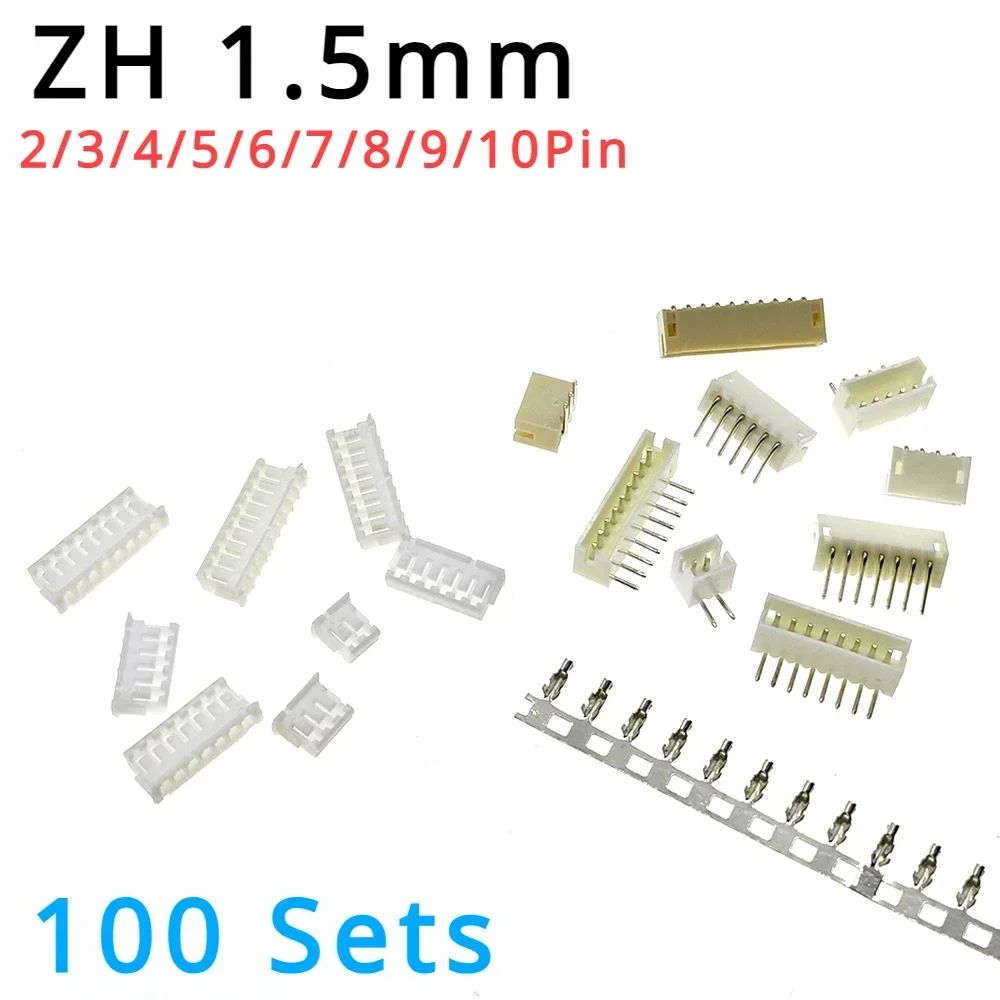 100 Sets JST Zh 1.5mm Right Angle Pin Male Female Connectors 2/3/4/5/6/7/8/9/10 Pin Socket with Crimps for Electronics