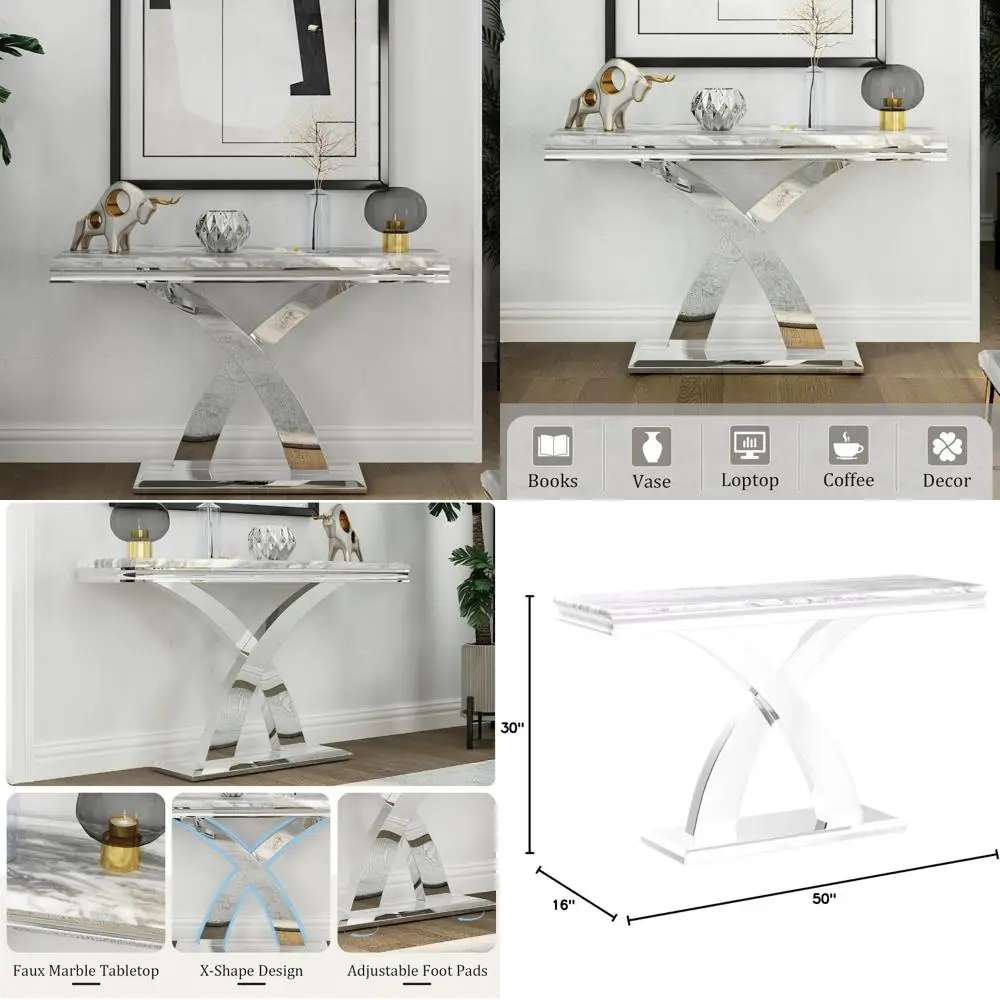 طاولة كونسول مستطيلة مقاس 50 بوصة مخططة باللون الرمادي مع قاعدة X مرآة لمدخل غرفة المعيشة
