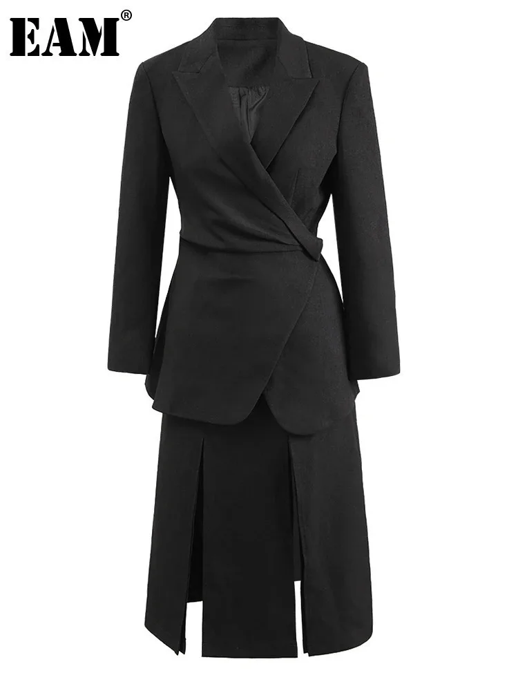 

[EAM] Black Blazer Slit Half-body Skirt Two Pieces Suit New Lapel Long Sleeve Women Fashion Tide Spring Autumn 2024 CPDB080