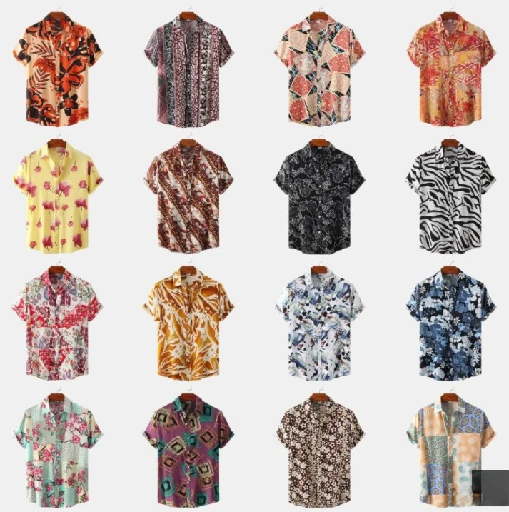 

Summer Men's Hawaiian irts Cotton round Ne ort Sve Printed Floral Pattern Youth Faion Stand Fit Casual irt