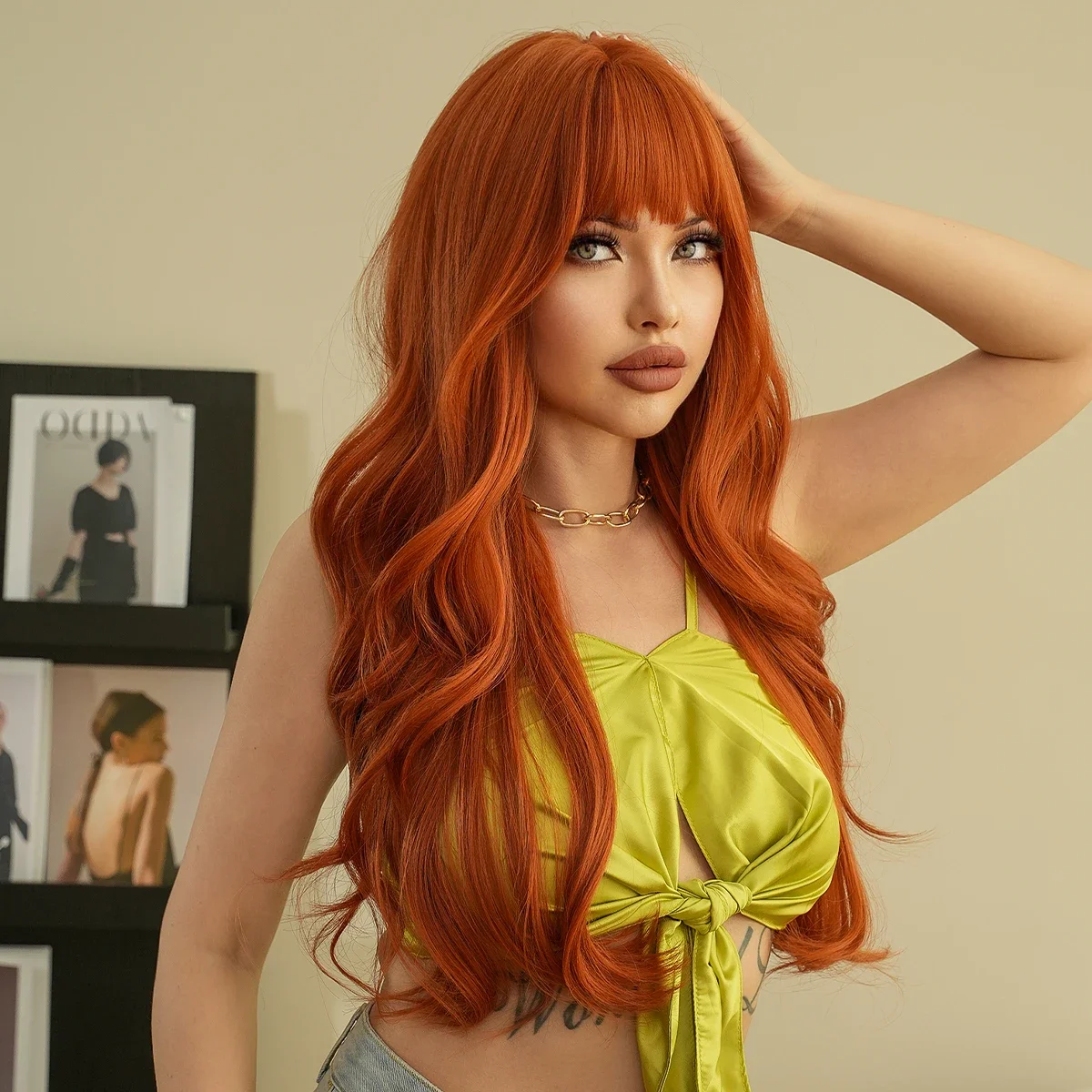 Loose Long Body Wavy Orange Wig for Women Daily Use Fashion Synthetic LightOrange Curly Hair Wigs with Bangs High Density 28Inch