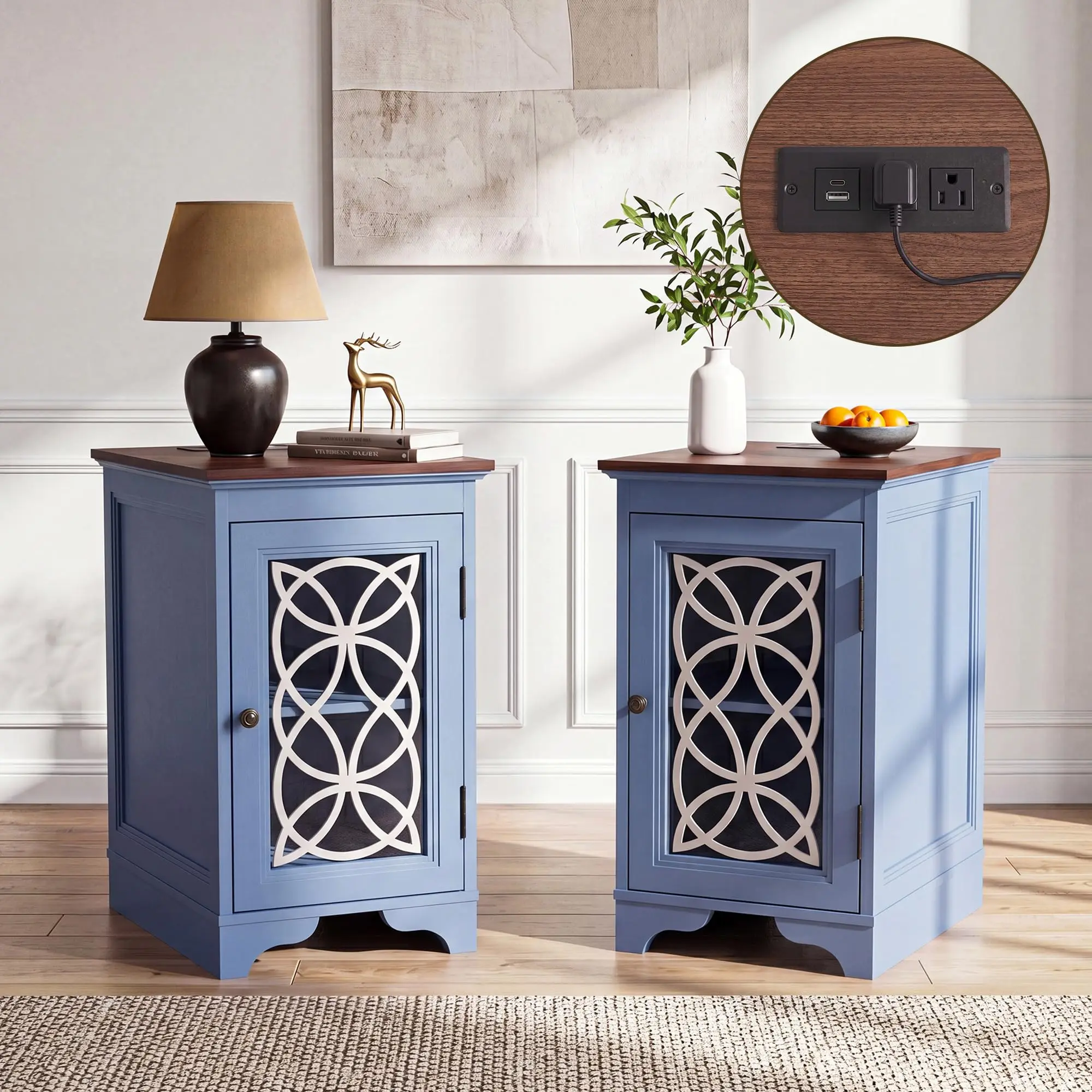 Narrow End Table with Charging Station Set of 2,Farmhouse Night Stand with Printed Glass Door & Adjustable Shelf,Wooden