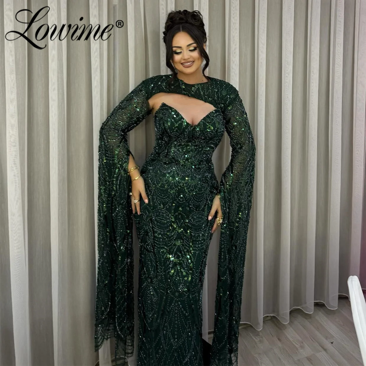 

Элегантное вечернее платье для женщин изумрудного цвета с длинными рукавами-накидкой, платья для выпускного вечера, индивидуальный пошив, расшитые бисером и пайетками, для торжественных мероприятий и вечеринок