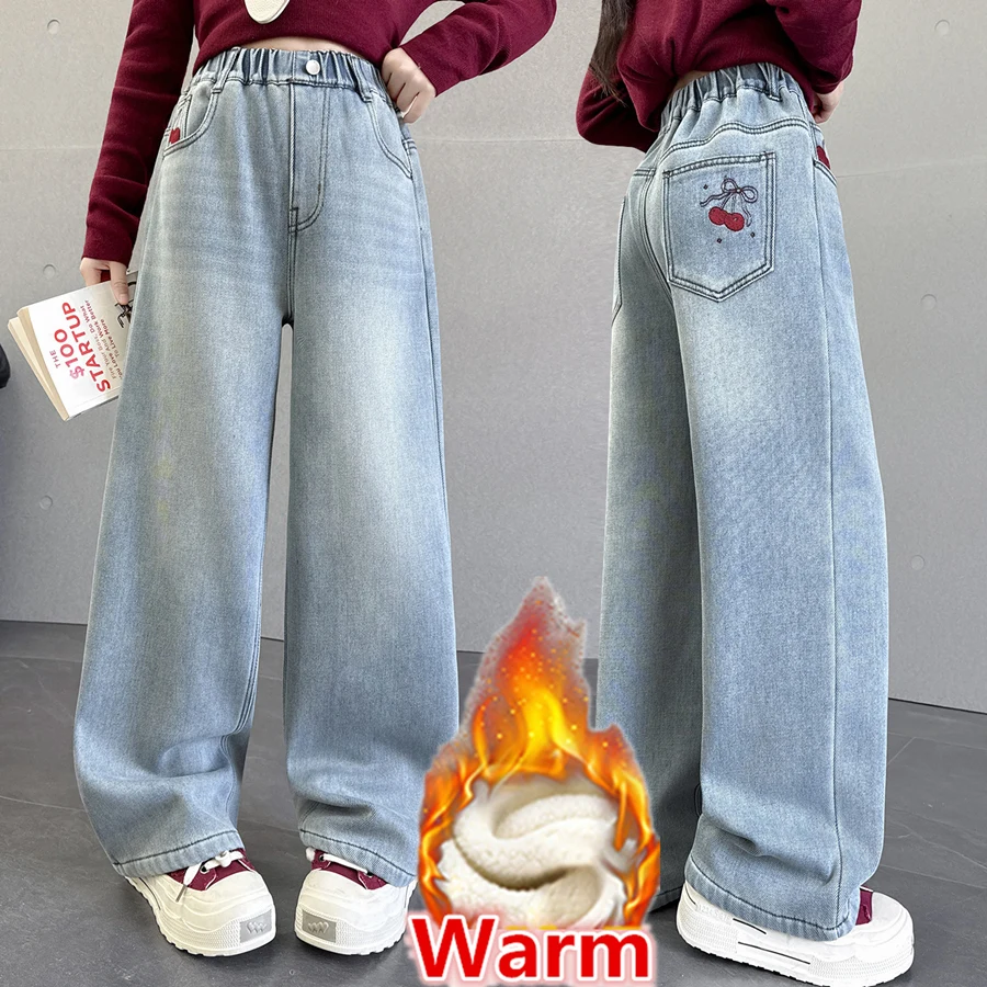 

Элегантные детские зимние термоджинсы с вишневым карманом для девочек, теплые утепленные джинсовые брюки, флисовые брюки, От 5 до 14 лет