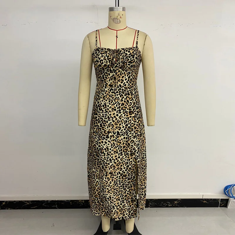 Benuynffyเสือดาวพิมพ์Knotด้านหน้าBackless Camiผู้หญิงStreetwear Retroสแควร์คอเซ็กซี่ชุดยาวฤดูร้อน 2025