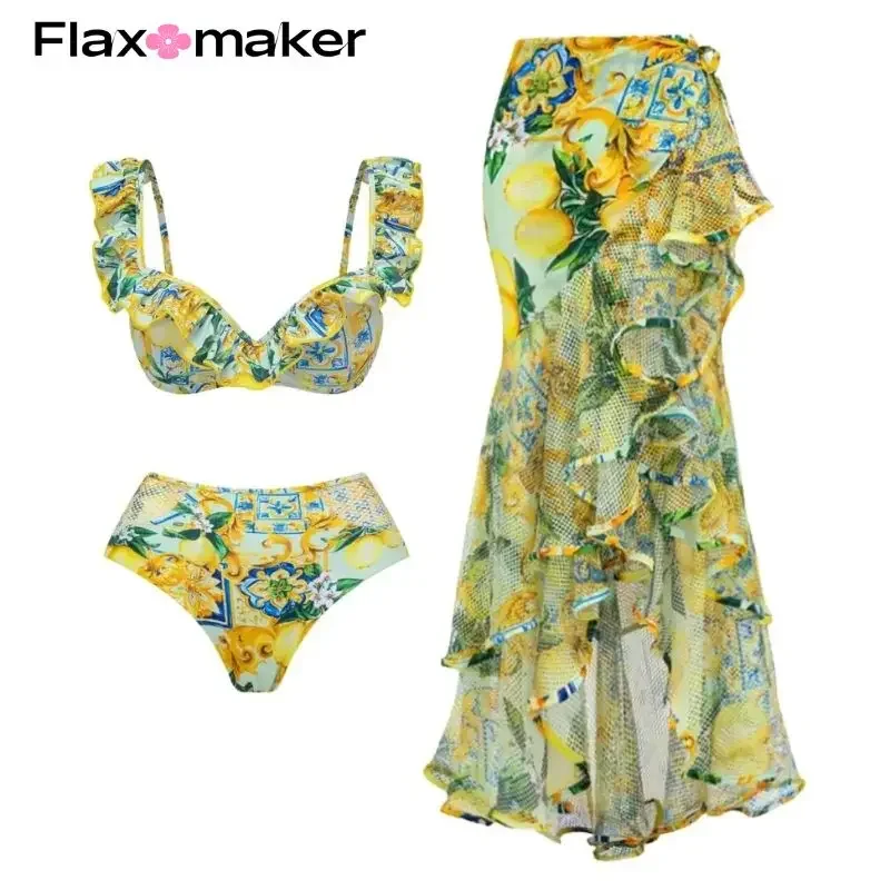 FLAXMAKER Sexy Lemon Print Ruffle Strap Bikini Swimsuit and Mesh Splicing Sarong Women Swimwear Push Up Bathing Suit Monokini