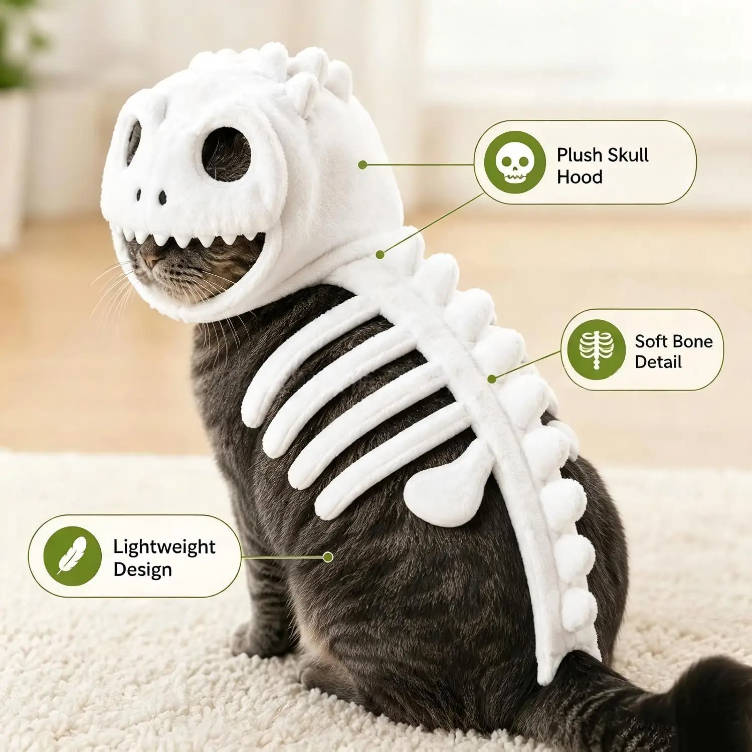 Halloween-Leuchtkostüm für Haustiere, Dinosaurier-Skelett, Plüsch-Kapuzenkostüm, Cosplay-Verkleidung für kleine Hunde und Kätzchen, Partydekoration – Detail 4