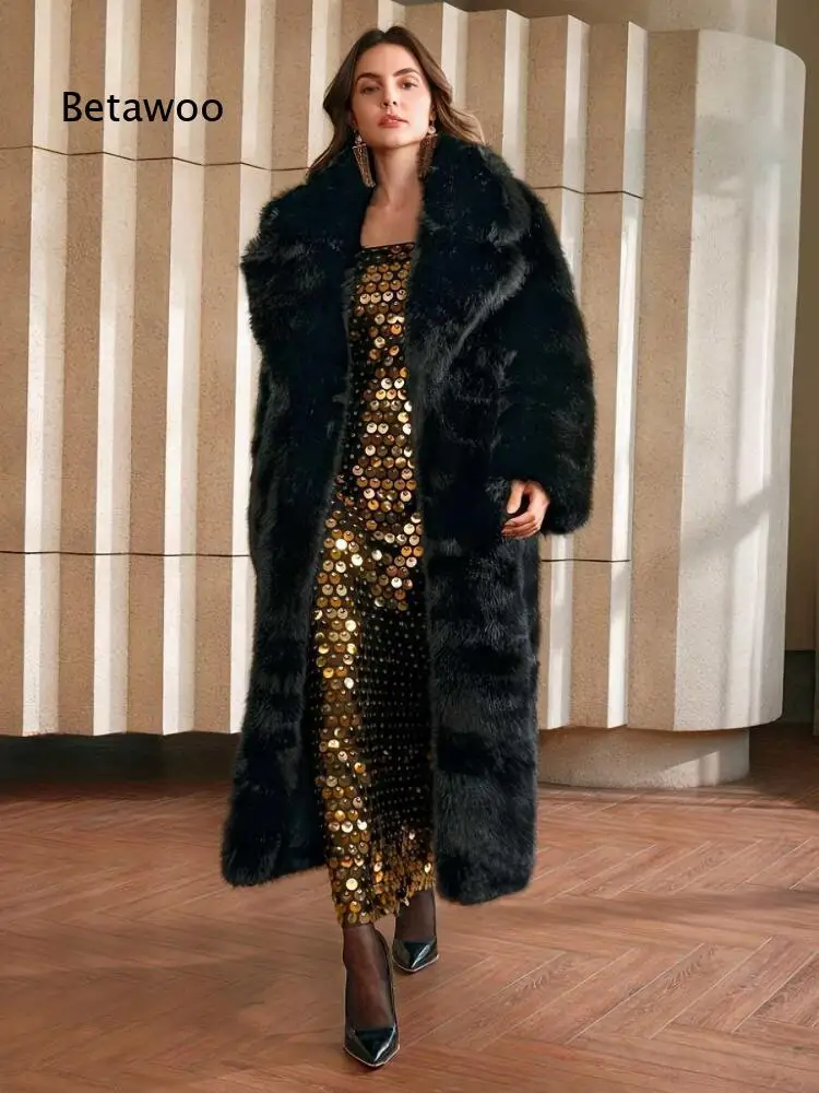 Women Oversized Notched Lapel Faux Fur Maxi Coat Loose Drop Shoulder Thick Fluffy Plush Open Front Winter Party Outerwear