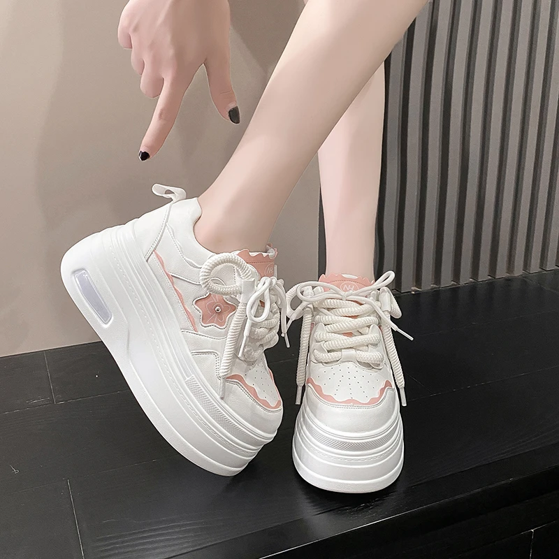 8CM High Platform Shoes Women New 2023 Autumn Chunky Sneakers Designer Thick Sole Leather Sports Shoes Breathable Sneakers Woman