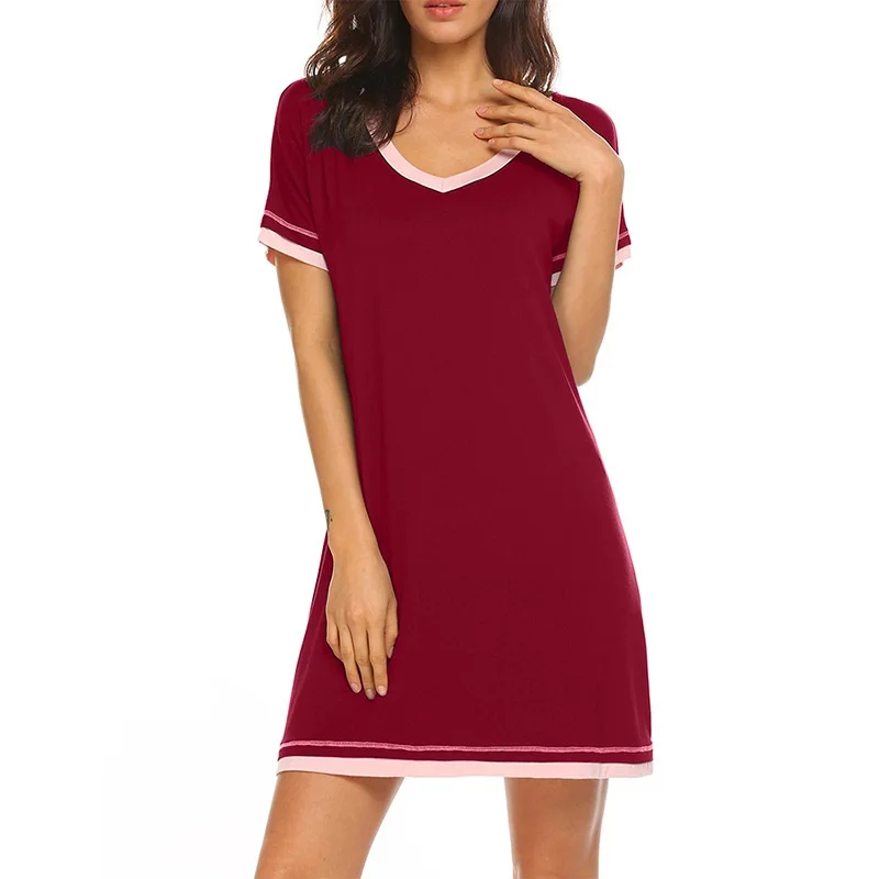 Comfortable Round Neck Loose Contrast Color Cotton Short-sleeved Home Loungewear Ladies Nightdress Multicolor