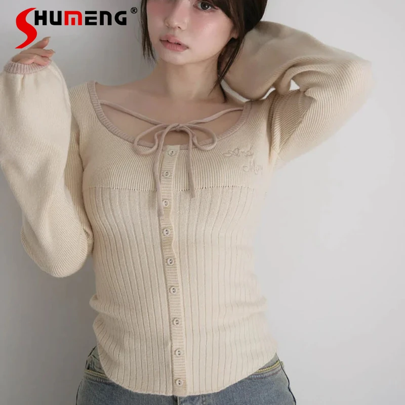 

Autumn Winter Knitwear Color-Block Square Neck Tie Waist Slimming Long Sleeves Knitted Sweater Single-breasted Cardigan Jacket