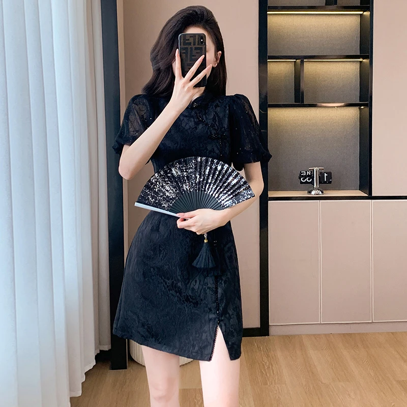 New Chinese Style Modified Qipao Dress, Black Jacquard Fabric with Puff Sleeves & Frog Buttons, Summer Casual Mini Dress