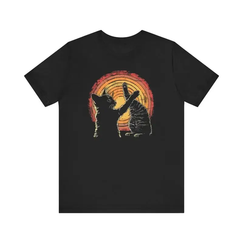 Sunset Cats High Five T Shirt Playful Feline Silhouette