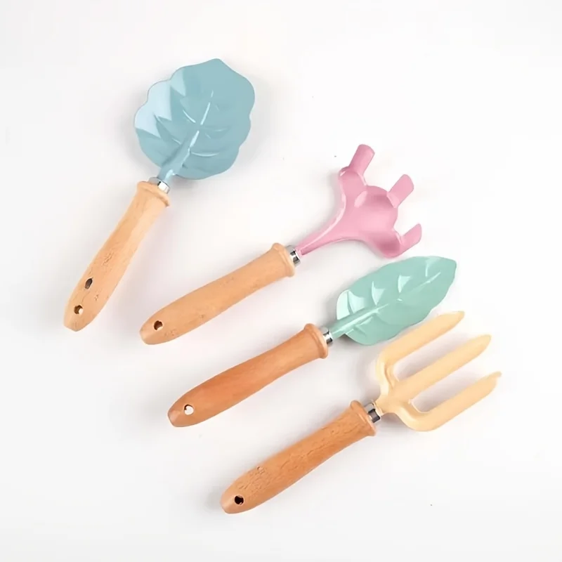 4pcs Little Gardener Tool Set Outdoor Colorful Cute Safe Tool with Wood Hand Shovel Rake Fork Mini Set Kids Girls Gardening Gift
