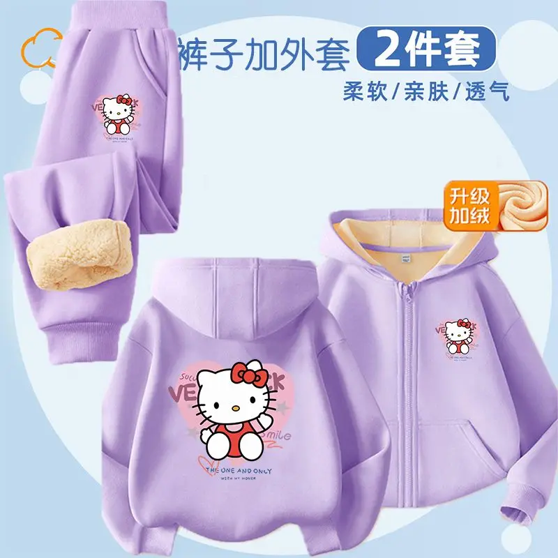 

Комплект свитшотов Sanrio для девочек HelloKitty Kawaii, зимний студенческий комплект из 2 предметов в стиле аниме, утепленный комплект детской одежды для дома