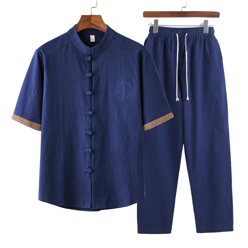 

Новый летний модный комплект: мужская повседневная свободная спортивная рубашка с коротким рукавом из хлопка и льна, высококачественный комплект из двух предметов больших размеров