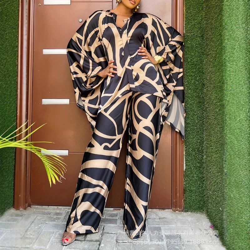 

Women Pant Set Two Piece Sets Bat Sleeve Print Irregular Tops Wide Leg Long Pants High Waist Y2k Streetwear Elegant Splice