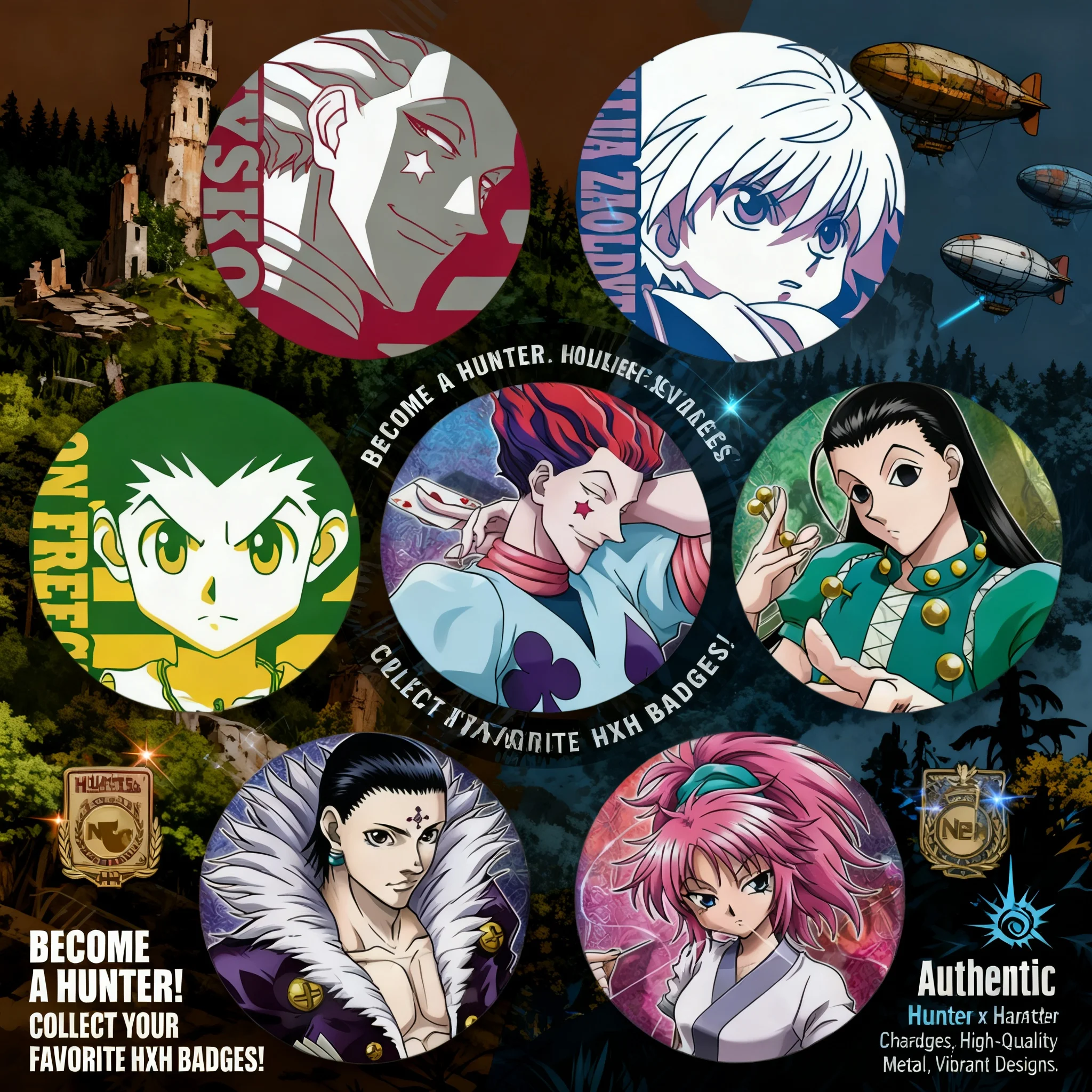 HUNTER×HUNTER Hunter x Hunter Juego de 7 Pins de Anime de los Personajes Gon, Killua, Hisoka, Illumi, Kurapika, Leorio y Chrollo para Cosplay