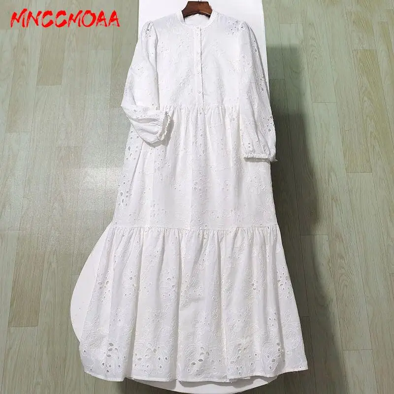 

MNCCMOAA-Women's White Embroidery Hollow Midi Dress Elegant Long Sleeve Party Dresses High Quality Fashion 2024