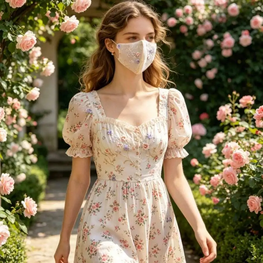 

Floral Embroidered Lace Mesh Face Mask For Women Spring Autumn Wind Dust Sun Protection Washable