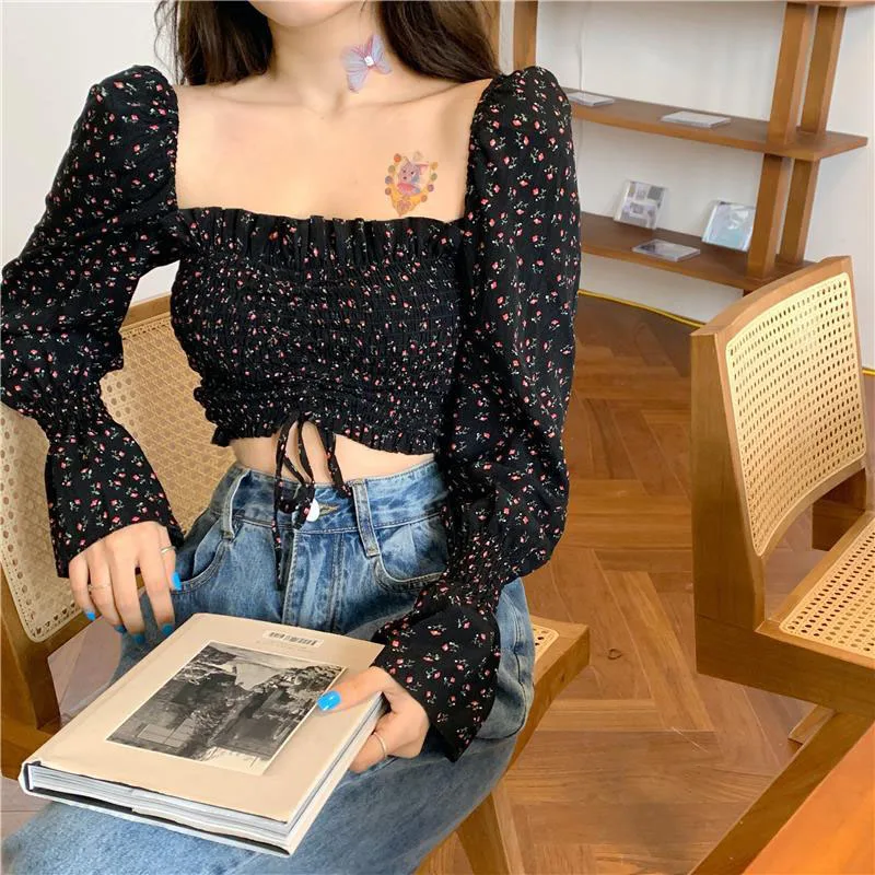 Xpqbb Vintage Floral Printing Chiffon Blouse Female Drawstring Square Collar Cropped Shirts Woman Long Sleeve Slim Fit Crop Tops