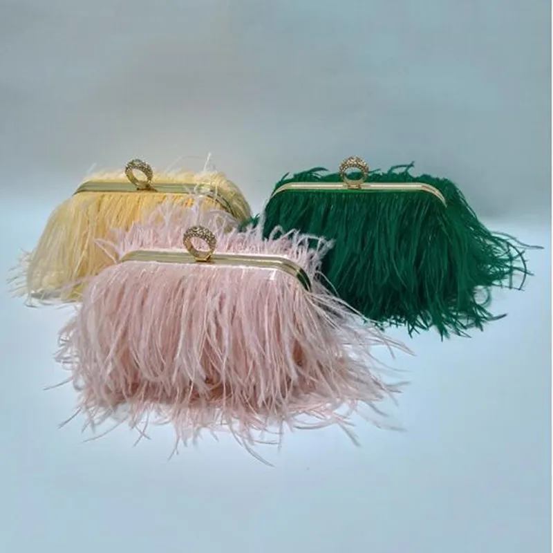 Real natural ostrich feather  handbag with gold  chain 2024 fashion chic furry romantic party concern dinner wedding