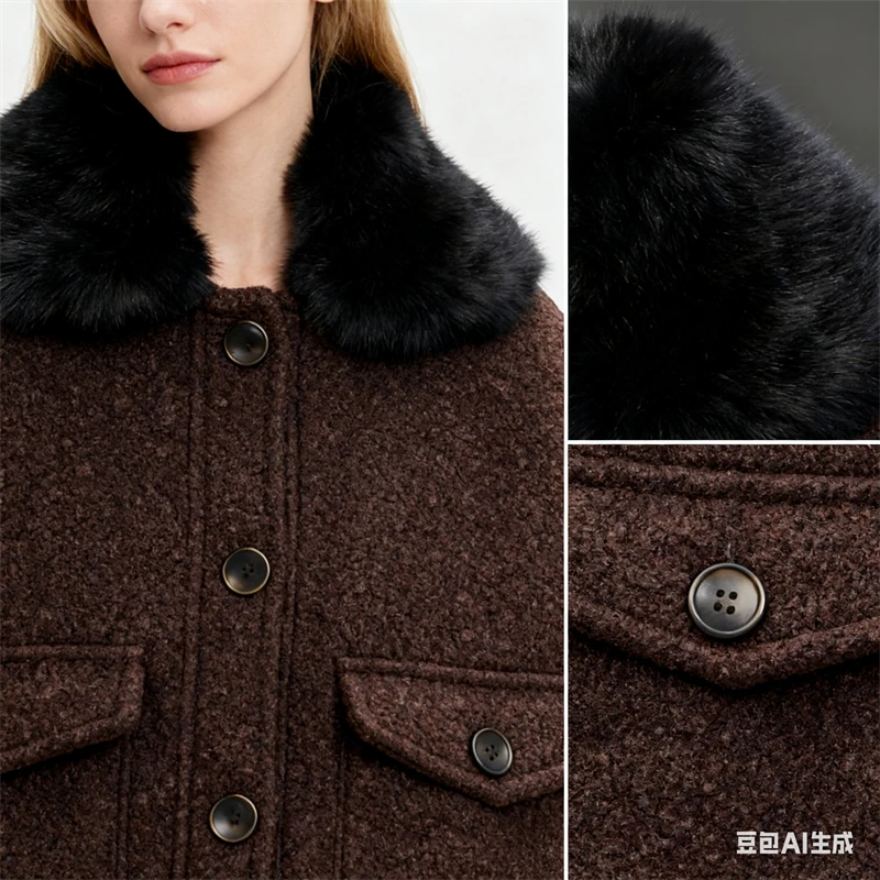 

Women's Brown Textured Wool Blend Jacket with Black Faux Fur Collar, Button Front Short Coat, Warm & Stylish Winter Outerwear