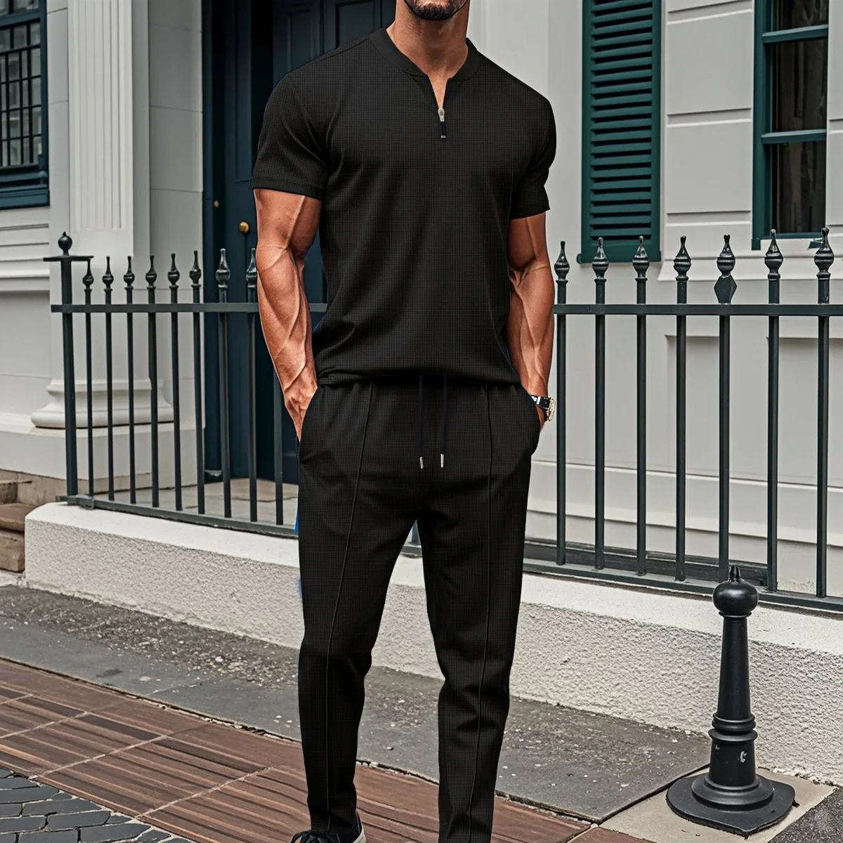 Men's Casual Loose Fit Two-Piece Set Short-Sleeved Pant Suit Waffle Check Zipper Stand Collar Solid Color Fashion Streetwear