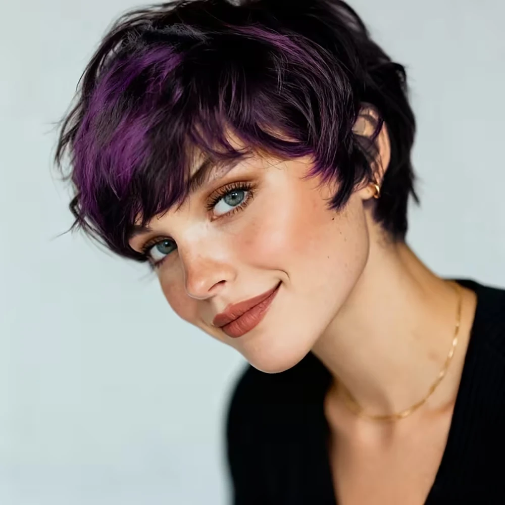 Parrucche per capelli umani corti lisci viola Parrucca taglio pixie con frangia a strati per le donne Berretto fatto a macchina per capelli bazili Evidenzia viola