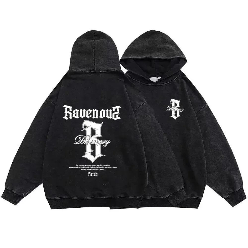 Gothic Vintage Washed Hoodies Letter Print Sweatshirts Streetwear Y2K Skeleton Hoodie Cotton Long Sleeve Pullover Hip Hop Hoody