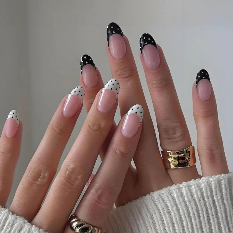 24Pcs Long Almond Press‑On Nails Black White French Polka‑Dots Fake Nails Reusable Full‑Cover Artificial Nail Tips PartyManicure