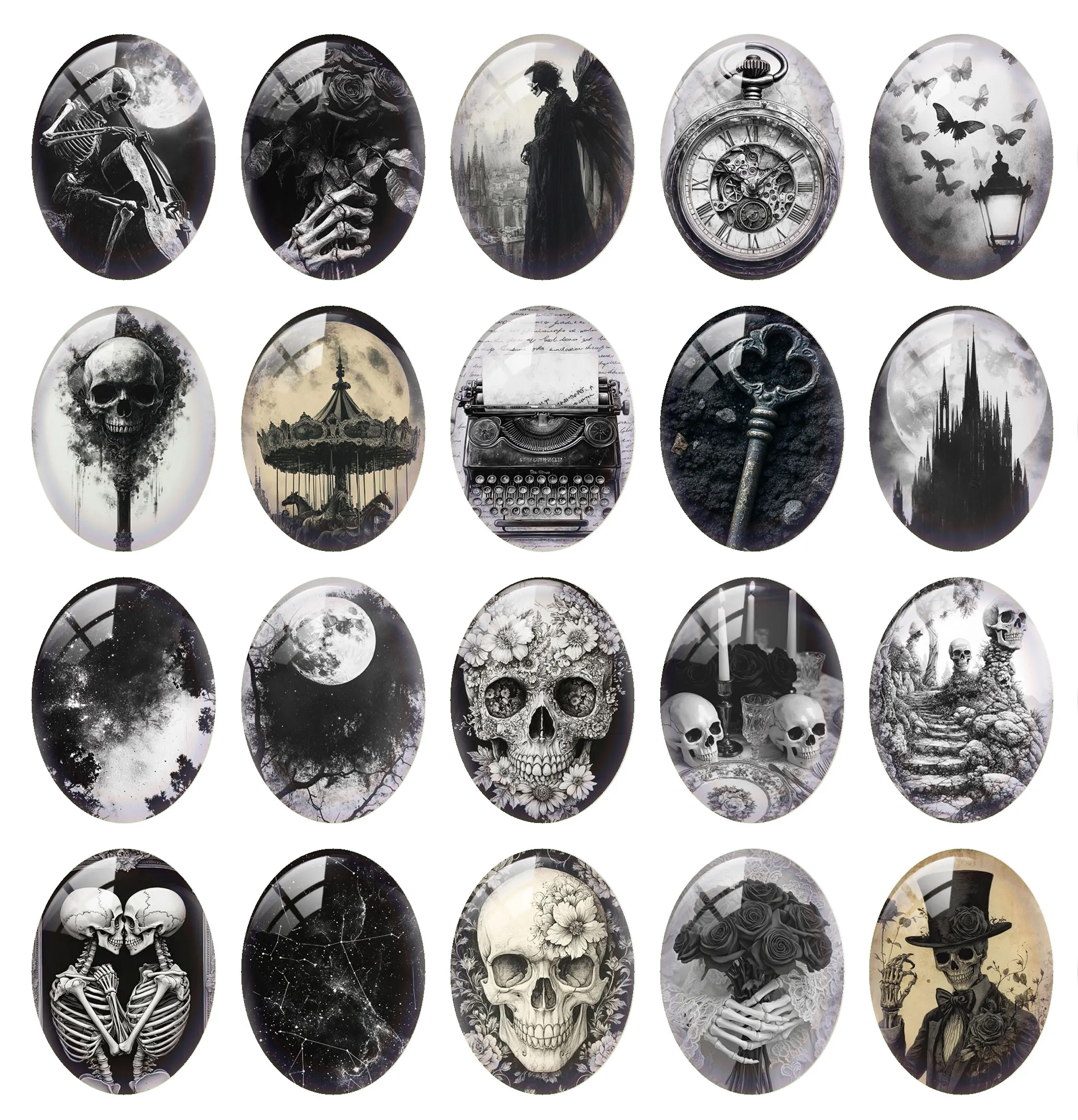 10pcs/lot Halloween Gothic Black Dark Skull Moon Flower Night Oval Photo Glass Cabochon Flatback Demo Cameo Diy Jewelry Making view 2