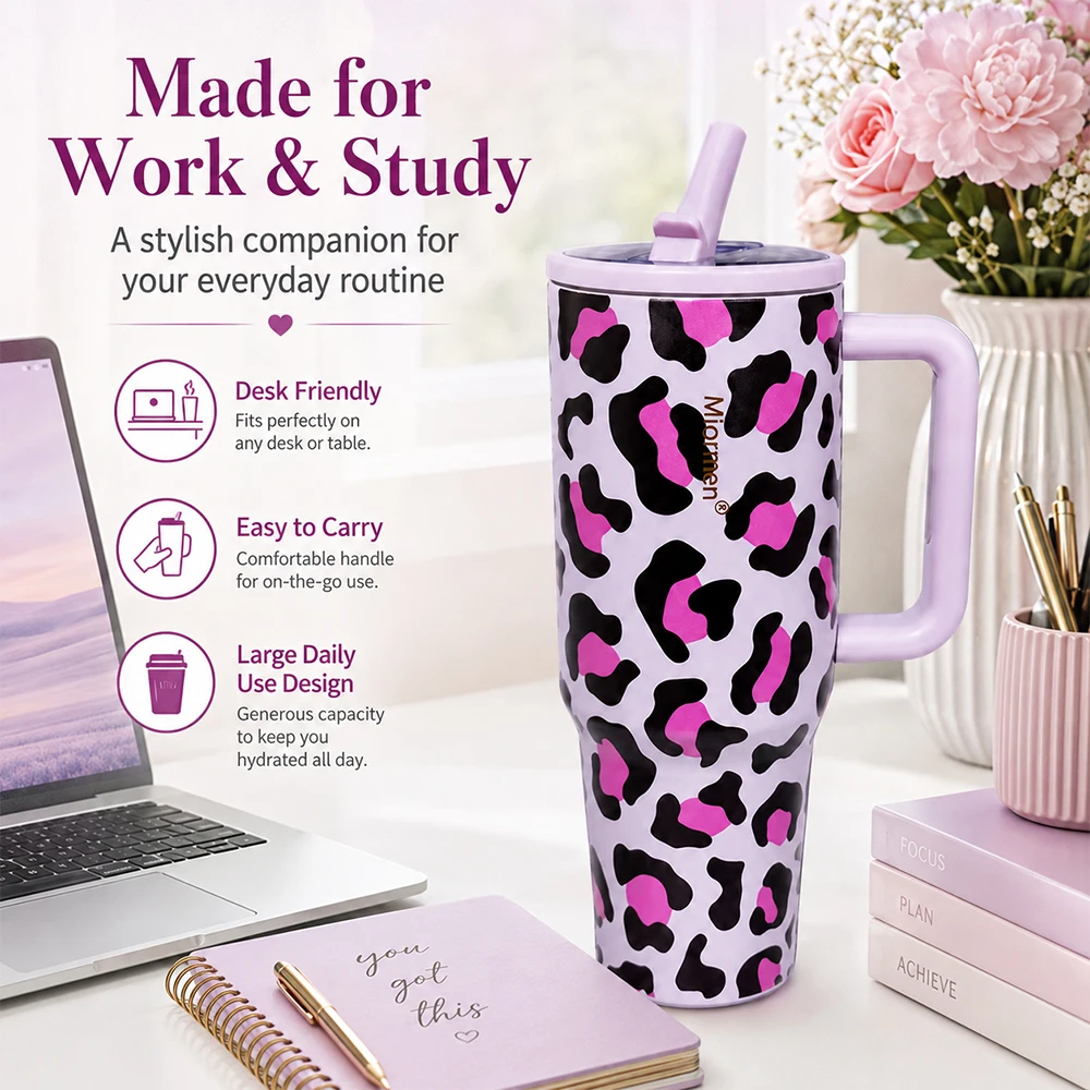 40oz Leopard Print Stainless Steel Tumbler with Handle Straw Lid Vacuum Insulated Travel Coffee Mug