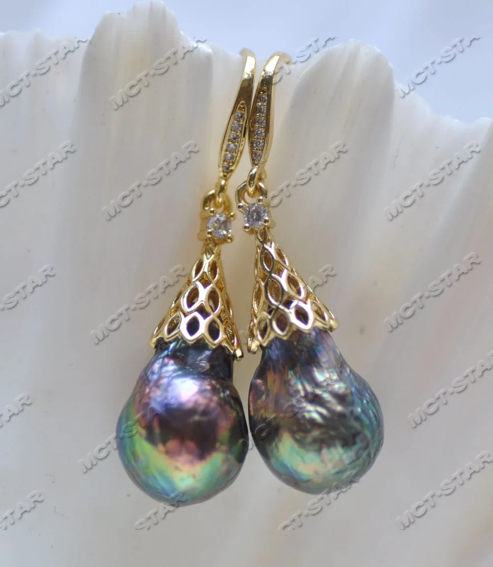 

Z12835 20mm Teardrop Peacock-Black Keshi Edison Pearl Dangle Earring CZ