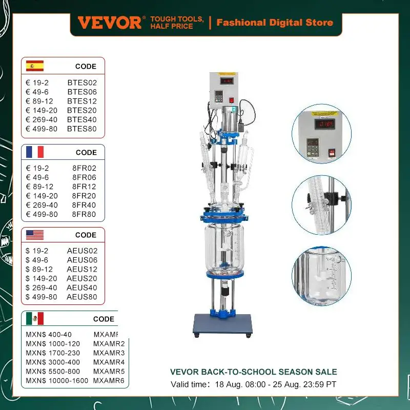 VEVOR Jacketed Reactor 5L Laboratory Glass Reactor Jacketed Glass Reactor  Chemical Reaction Vessel  for Reaction Distillation