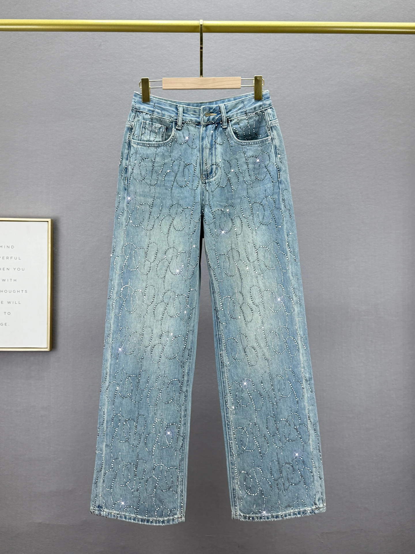 

Heavy Du Rhinestone High Waist Wide Leg Jeans Women's Spring New Loose Slimming European Sle Floor Length Pants