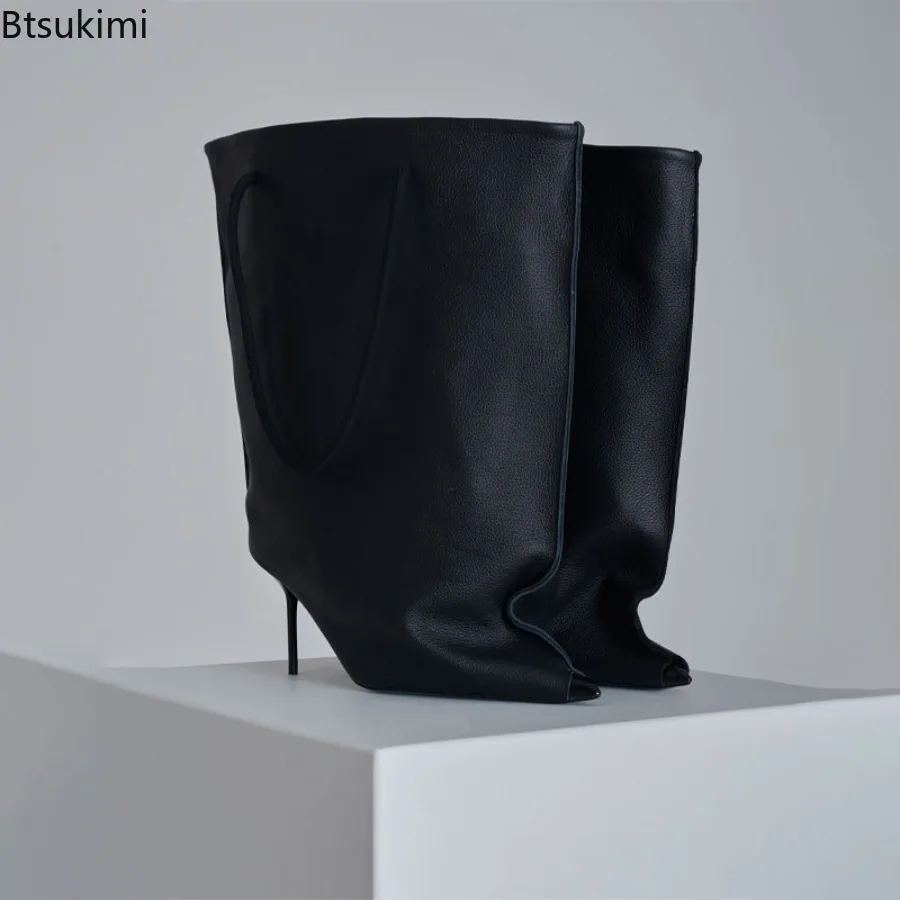 New Autumn Winter Women's Pointed Toe Mid Calf Bag Booties Super Big Top Half Wide Fit High Slim Heels Loose Fashion Short Boots - view 6