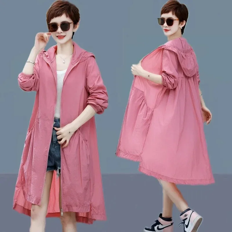 

Spring Summer New Women Hooded Jacket Long Coat Loose Zipper Sun Protection Clothing Thin Coat Female Windbreaker Outerwear L369